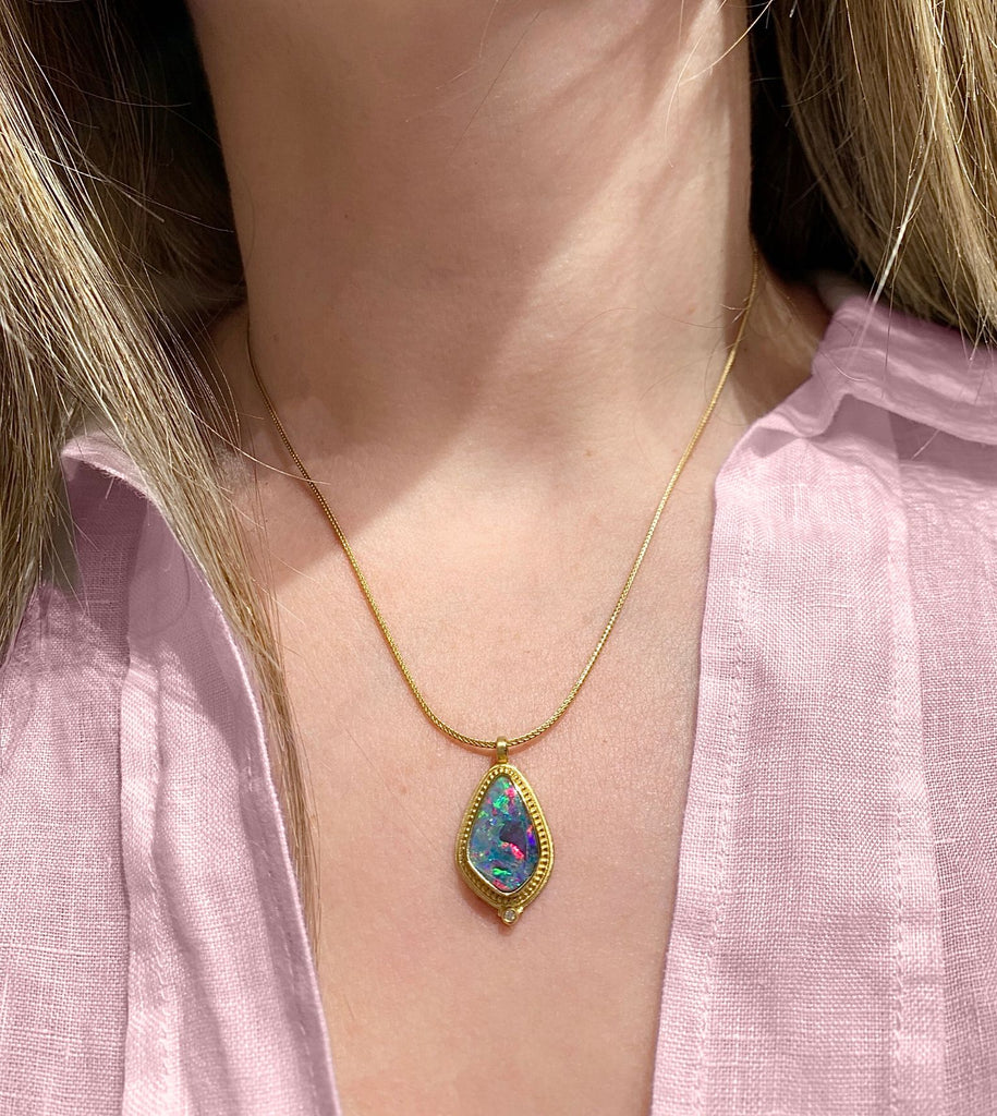 Opal Pendant - All Natural - Australian - Oval Halo – Hawkes and Co